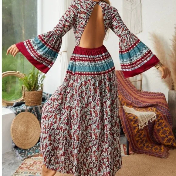 Western Boho Paisley Flounce Sleeve Backless Maxi Dress - Picture 1 of 8